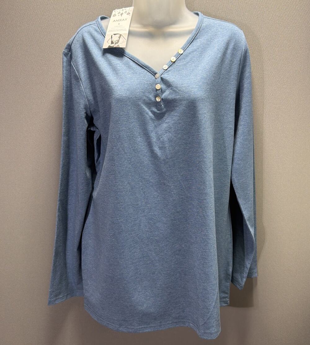 Anixay Henley Long Sleeve Shirt Blue Womens 2XL 1/4 Button Top Stretch NWT
